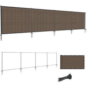 SunnyRoyal 5' x 24' Privacy Fence Screen Panel with Iron Poles Freestanding No Dig Heavy Duty Windscreen Mesh Fabric Temporary Dog Fencing for Outdoor Backyard Patio Garden (Brown)