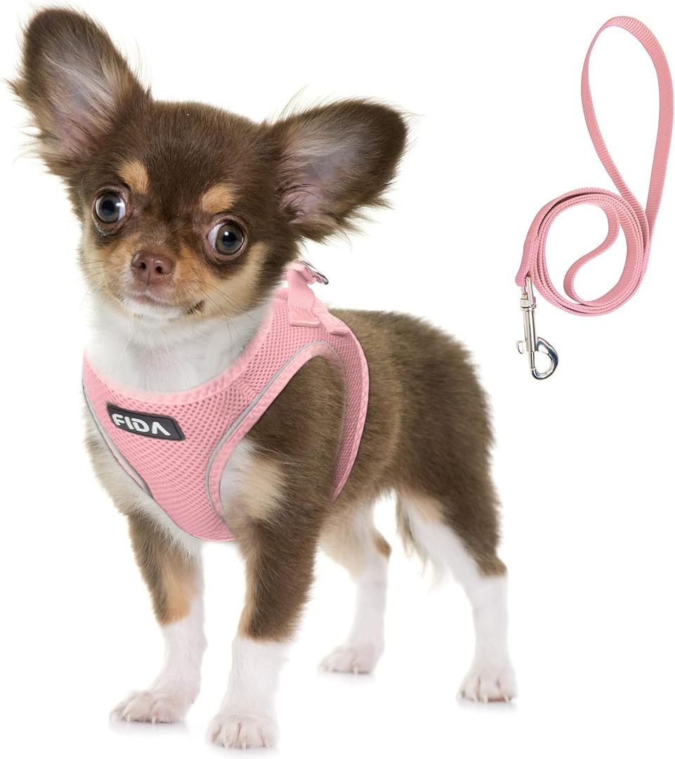 Fida Comfy Dog Harness with Leash, Soft Puppy Vest Escape Proof, Breathable Lightweight Soft Mesh, Adjustable Reflective Step-in Harness for Extra-Small Dogs (XS, Pink) (XS (Neck:12.2"-13"; Girth:14.2"-16.1"))