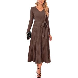 Arach&Cloz 2024 Fall Wool Blended Womens Long Sleeve V Neck Tie Waist Pleated A Line Ribbed Knit Pullover Midi Sweater Dress (Large, Coffee)