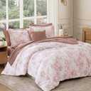 BLOOMHAVEN Queen Comforter Set -7 Pieces Pink Floral Comforter Set for All Seasons, Bed in a Bag Queen with Botanical Flowers Comforter, Sheets, Pillowcases & Shams
