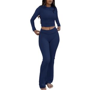 ZFLM Casual Workout Two Piece Outfits Long Sleeve High Waist Fold-Over Flared Leggings Pants Tracksuit Sets Streetwear (Large, Navy Blue)