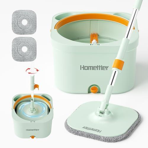 HoMettler Spin Mop and Bucket with 2 Microfibra Replaceable Mop Pads, Self Separation Dirty and Clean Water System Self Wringing 360° Rotating Square Mop-Head (1 Bucket + 52'' Mop + 2 Microfibra Pads)