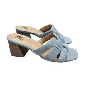 SM New York NWB Ina Denim Block Heel Sandals Open Toe Slip-On‎ Neutral Shoes 9.5