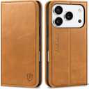 SHIELDON Case Wallet for iPhone 17 Pro 6.3-inch | Genuine Leather | Book Desgin | RFID Blocking Credit Card Slots | Magnetic Closure | Shock Absorbing Phone Cover | 2025 | Retro Light Brown