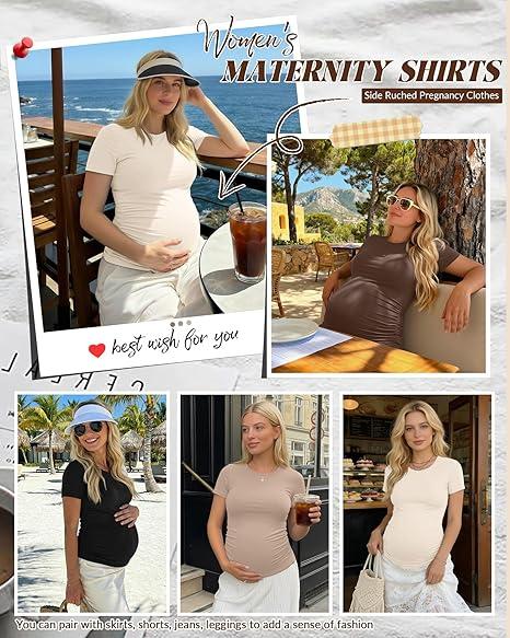 Huukeay 3Pack Women's Maternity Shirts, Crew Neck Maternity Top Short Sleeve Casual Cotton Tee Side Ruched Pregnancy Clothes(Medium)