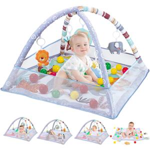 Baby Play Gym, 9-in 1 Tummy Time Mat with 5 Sensory Toys, Detachable Anti-Slip Thickening Baby Play Mat for Newborn Infant Toddler to Develop Motor & Cognition