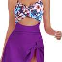 ZAFUL Women One Piece Swimdress Tummy Control Bathing Suit Push Up Swimsuit Modest Swimwear Cutout V Neck Cute Tie Knot Skirt (Small, Purple Floral)