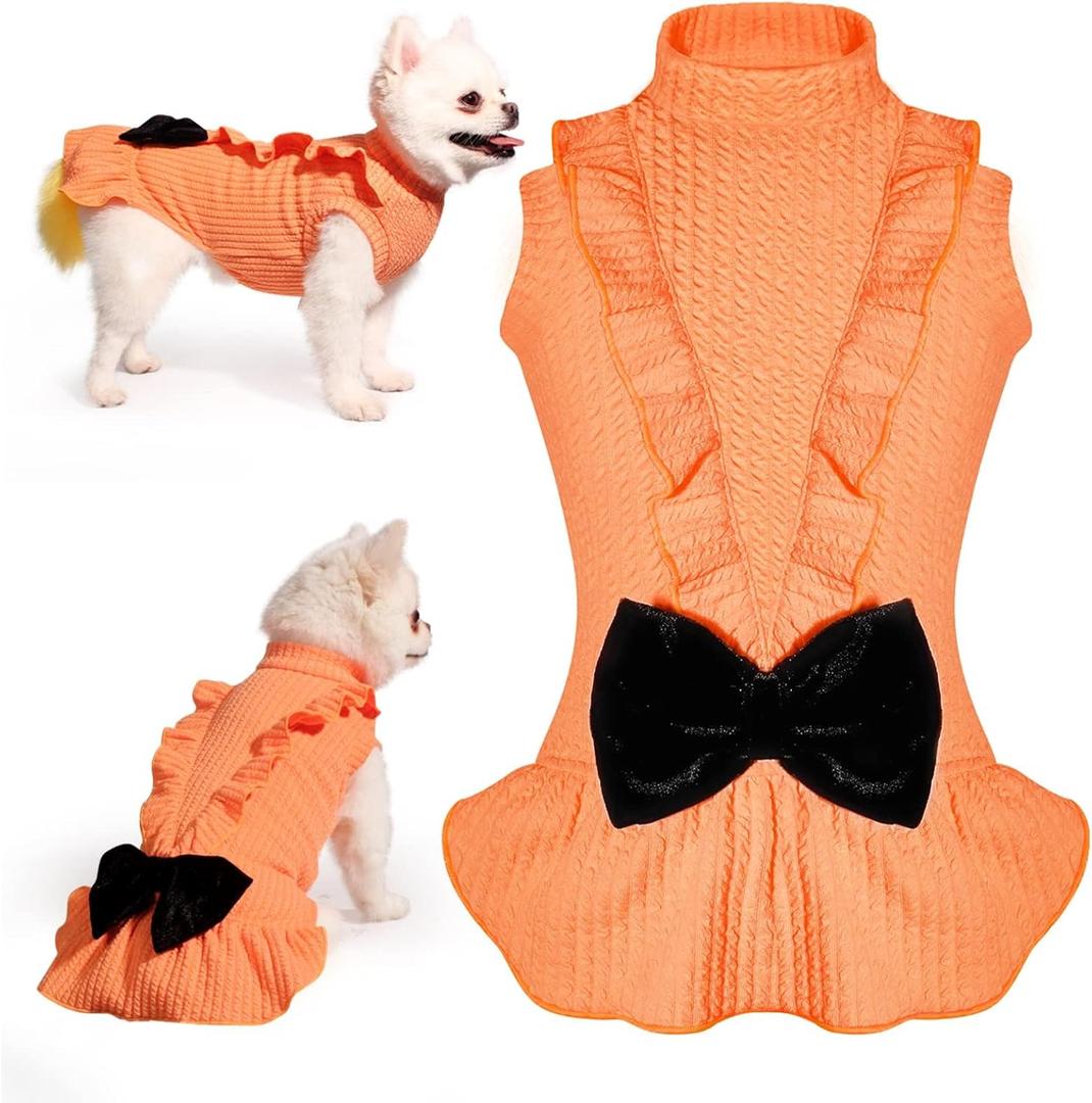 Dog Dresses, Lovely Dog Princess Dress, Turtleneck Puppy Skirt with Velvet Bowknot for Small Medium Dogs Girl (Orange, XS)
