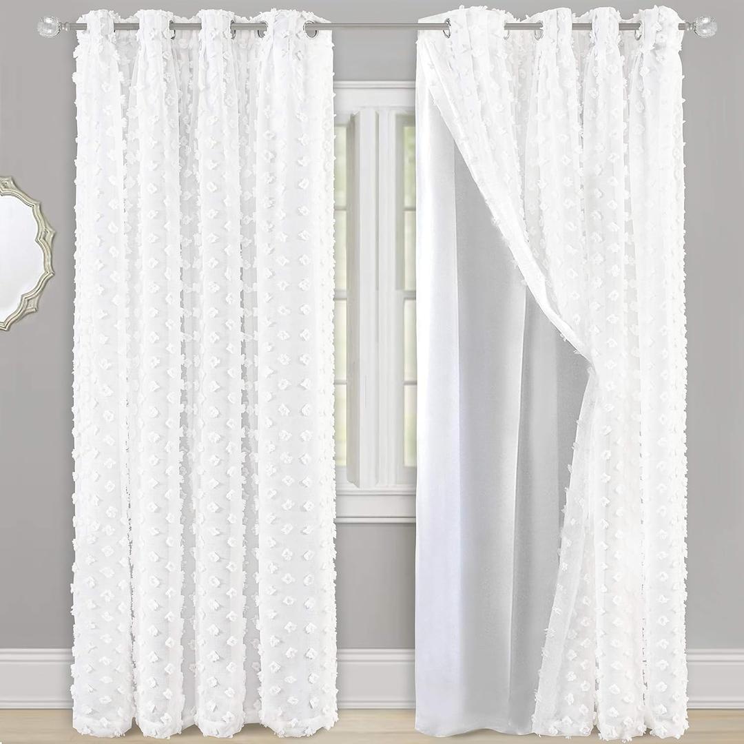 DriftAway White Pinch Pleated Voile Chiffon Blackout Curtain Liner Embroidered with Pom Pom 2 Layers Grommet Curtain for Kids Girls Nursery Room 84 Inch One Panel (Off White Chevron)