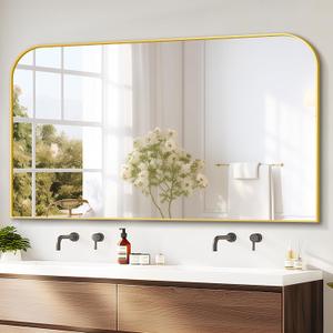 30"x50" Gold Metal Framed Bathroom Mirror for Over Sink | Rounded rectangle shape. Shatterproof HD glass, all mounting hardware for bathroom, bedroom, entryway.