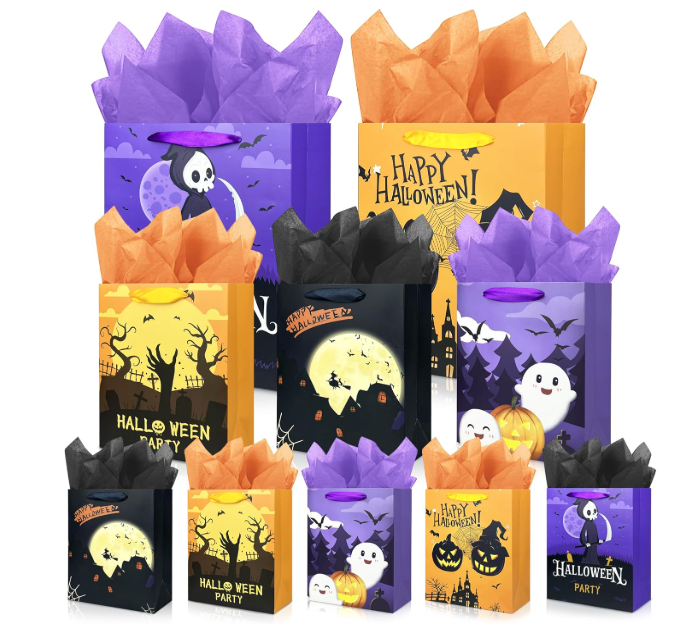 MUMULULU 10 Pack Happy Halloween Bags Assorted Sizes Trick or Treat Paper Gift Bags with Handle and Tissue Paper for Halloween Party Favors