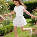 2 x Girls Summer Casual Tee Shirts Tops Short Sleeve Kids Crewneck Cap Sleeve Tank Top Basic Loose Fit Cute T Shirt (White)