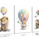 3pcs Cute Nursery Balloon Animal Canvas Wall Art Watercolor Giraffe Lion And Elephant Posters Prints Safari Animal Wall Decor Pictures for Kids Room Boys And Girls Home Decoration Unframed