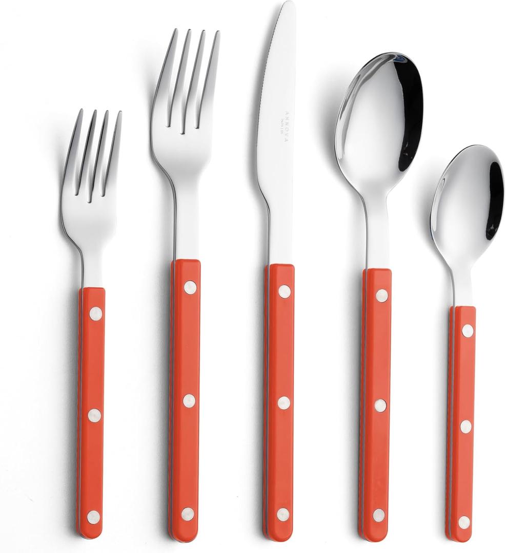 ANNOVA Silverware Set, Retro/Rivet Colorful Stainless Steel Tableware Kitchen Flatware Set Utensils, Includes Dinner Knives, Forks, Spoons, Salad Forks & Dessert Spoons (Orange, 10 Pieces)