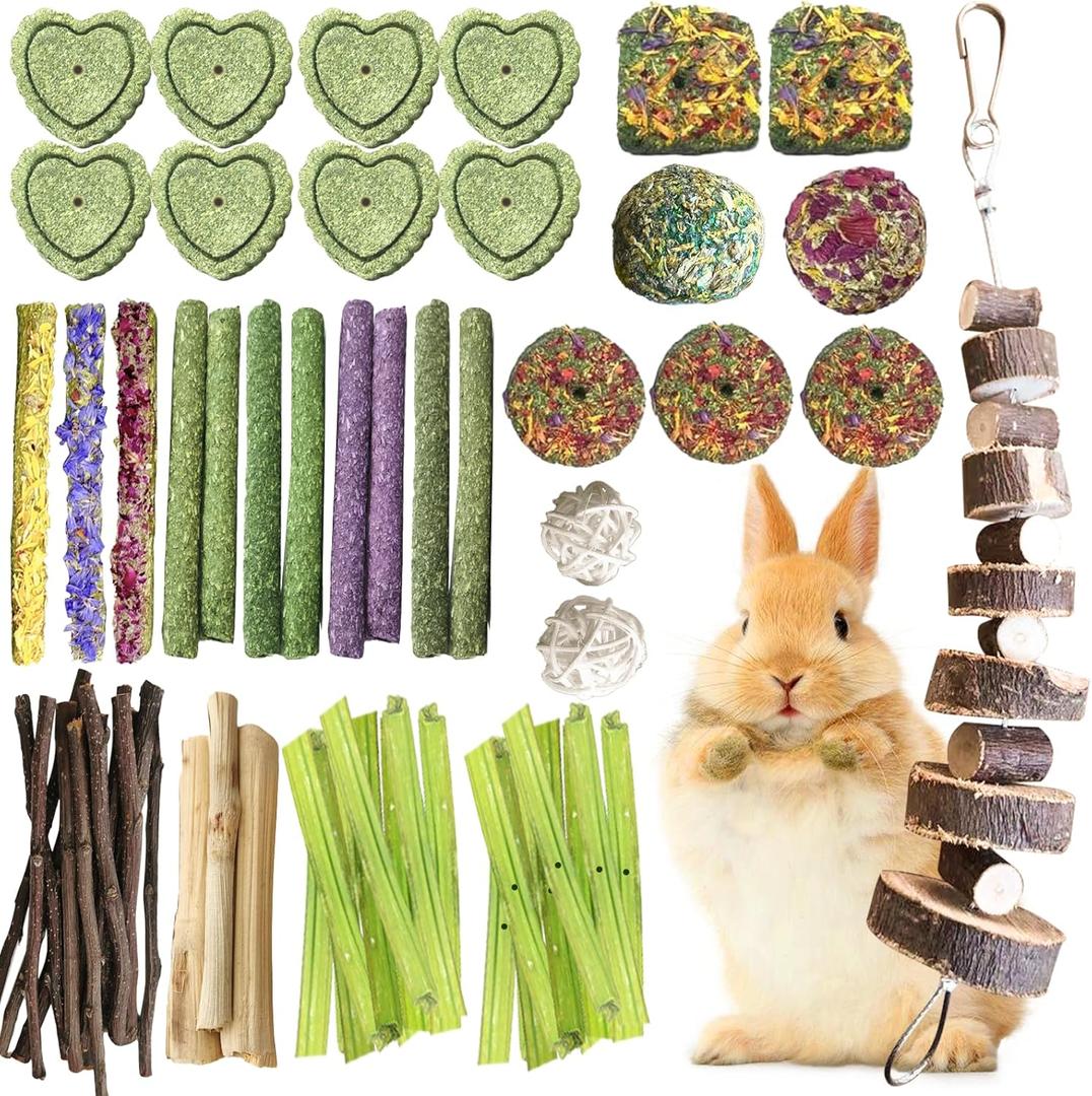 70Pcs Rabbit Toys For Bunnies Boredom,Bunny Toys,Bunny Treats for Rabbits Bunny Toys for Teeth, Papaya Stem, Timothy Stick, Apple Sticks, Sweet Bamboo, for Guinea Pig, Hamster, Chinchilla, Rat