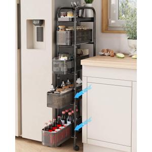 UMDONX Slim Storage Cart 5 Tier with Pull Out Basket Bathroom Organizer Rolling cart, Rolling Utility Cart Slide Out Organizer for Kitchen, Bathroom, Laundry Black