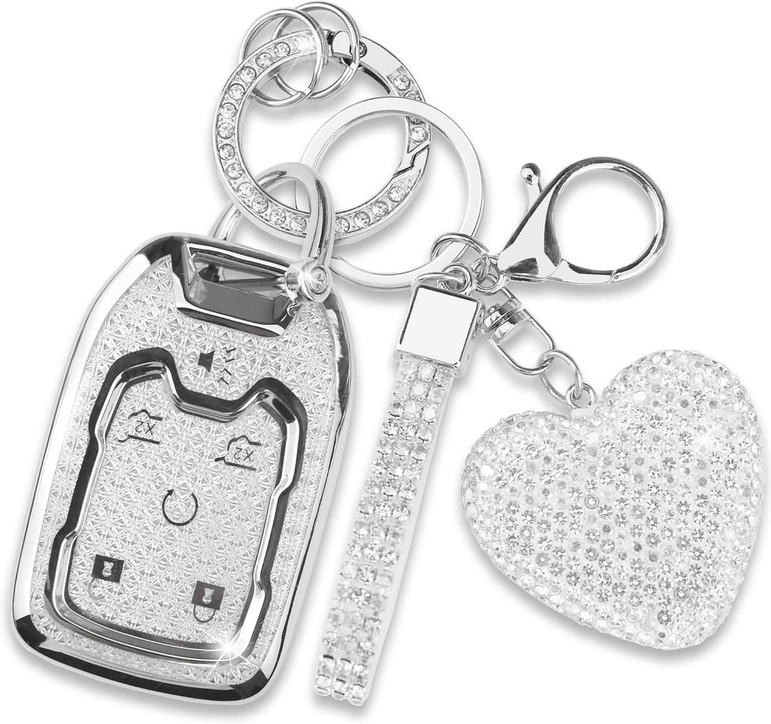 Fit for Chevy GMC Yukon/Yukon XL Key Fob Cover with Diamond Keychain, Compatible with Chevy Chevrolet Terrain Acadia Sierra Suburban Tahoe Smart Key Protector for Women (6 Buttons-Silver)