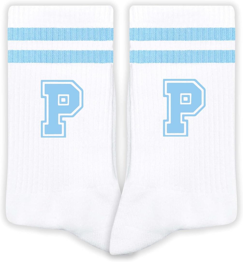 Blue And White-Striped Letter Socks, Sports Socks For Men, Blue Team socks, Friends And Family, Birthday Gift.(P) (White)