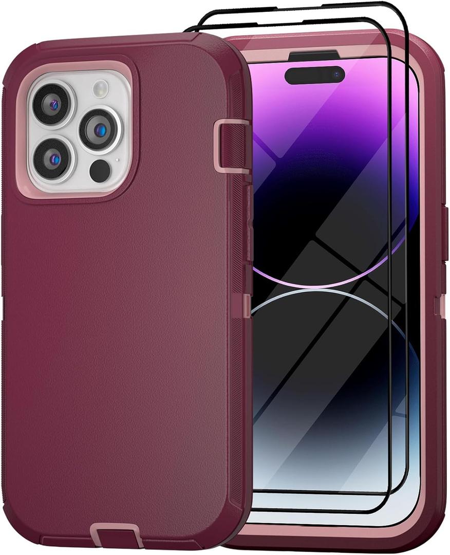 for iPhone 14 Pro Max Case 6.7" with 2 Screen Protector, Full Body Heavy Duty Military Grade Cover, Shockproof/Drop Proof Protection Phone Case (Wine Pink)