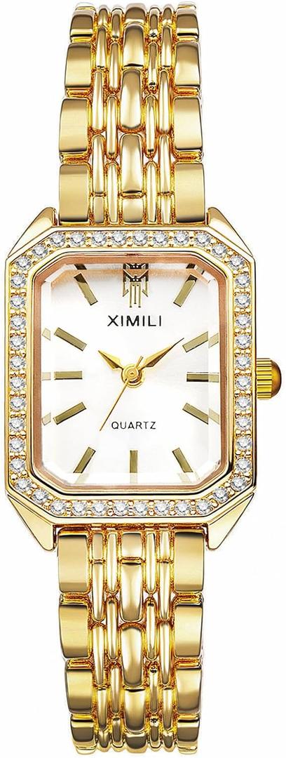 Avaner Women's Gold Square Watches: Ladies Rhinestones Elegant Stainless Steel Adjustable Band Analog Quartz Bracelet Wrist Watch