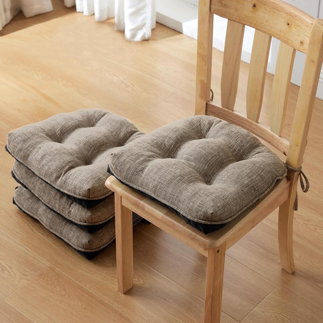 IPYNBAP Chair Cushions for Dining Chairs Set of 4, Kitchen Chair Cushions, Chair Pads with Ties and Non Slip Backing, Tufted Memory Foam Seat Cushion, 15.5" x 15.5" x 4", Khaki