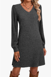 Ficerd Women's Knit Long Sleeve Sweater Dress Casual V Neck Tunic Dresses Fall Trendy Outfits