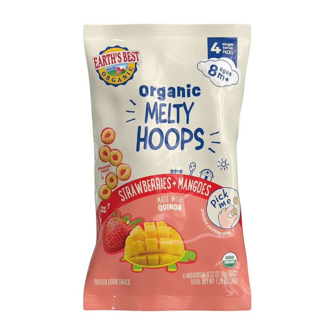 Earth's Best Organic Melty Hoops, Bite-Sized Snacks for Babies 8 Months and Up, Strawberry and Mango, 0.32 Ounce Individual Bags (Pack of 4), BBD 08 Jul 2026