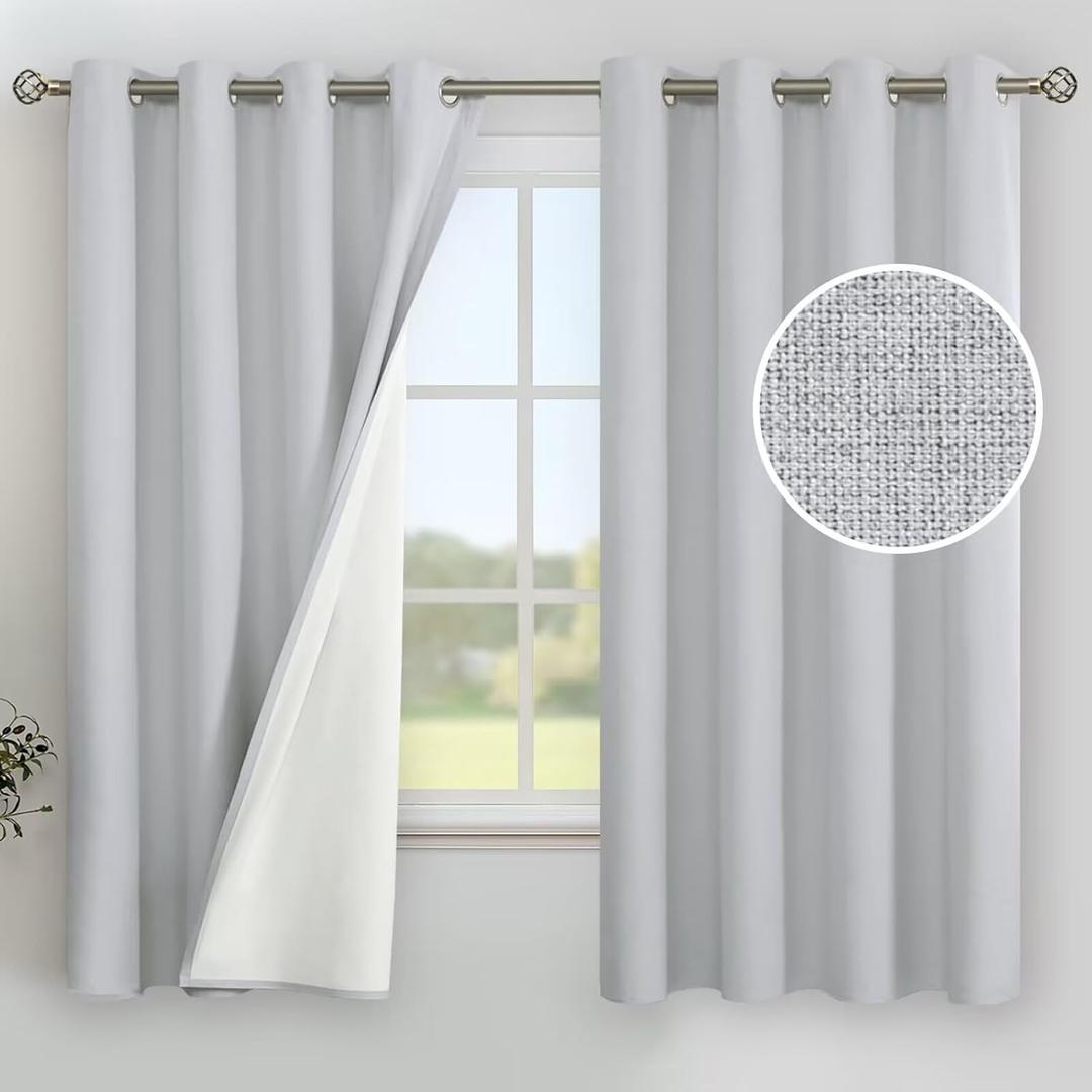 YoungsTex Light Grey Linen Blackout Curtains 63 Inch Length for Bedroom, Thermal Insulated Drapes with Grommet Room Darkening for Living Room, 2 Panels, 52 X 63 Inch