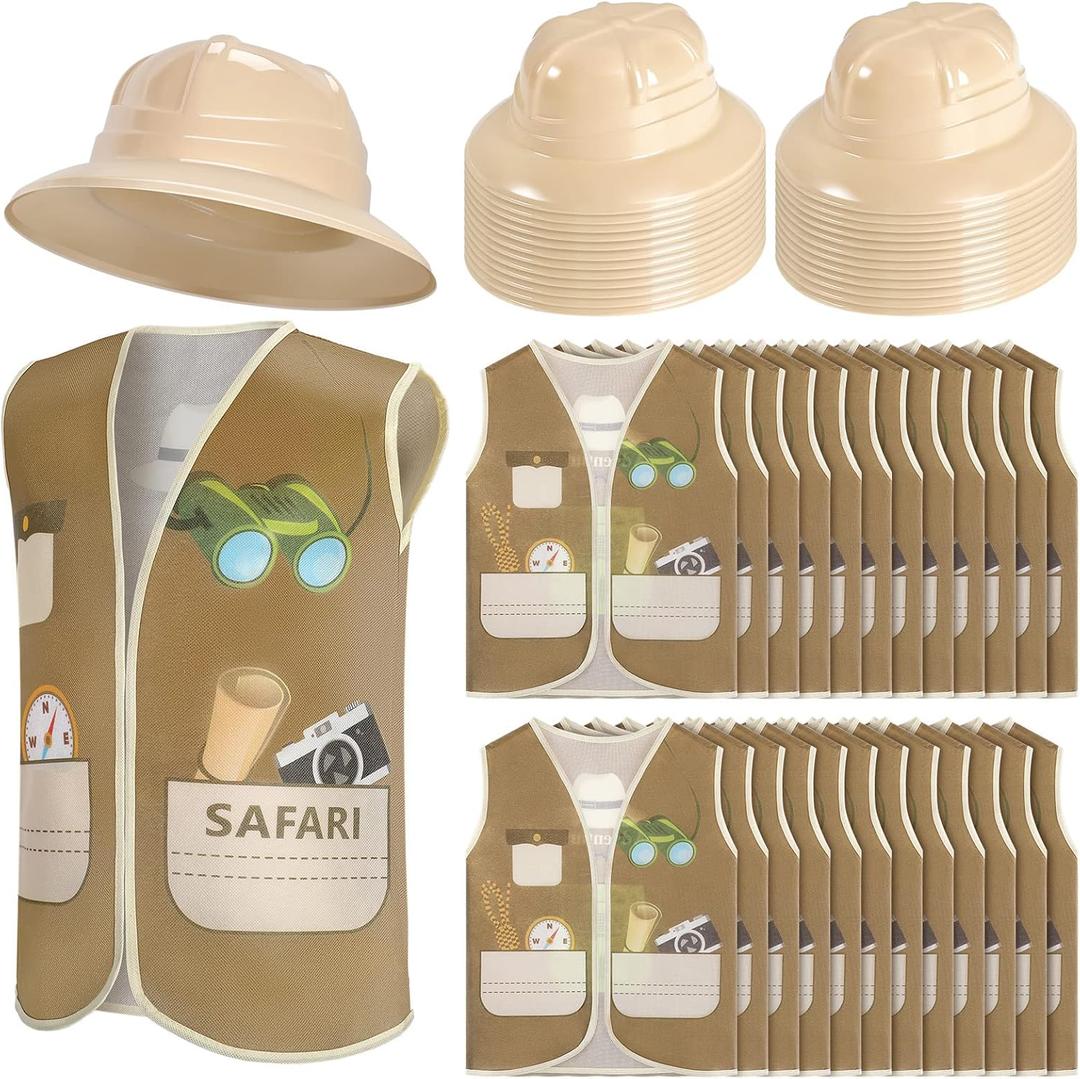 Geyoga 48 Pcs Explorer Costume Kids 24 Safari Vest and 24 Safari Hats Explorer Outfit for Kids Jungle Party Favors Outdoor Activity Halloween Birthday Gifts