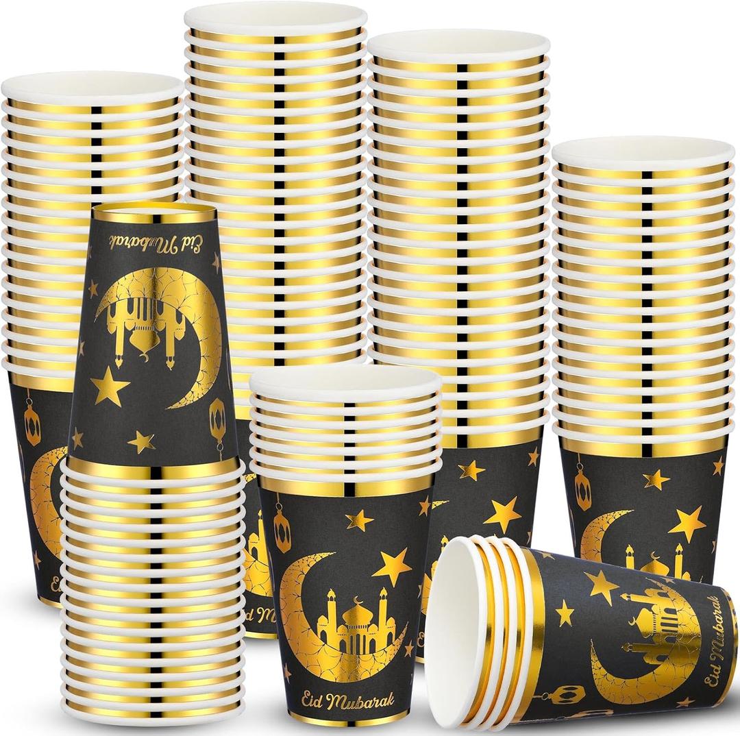 Domensi 100 Pack Eid Mubarak Paper Cups Ramadan Muslim Disposable Coffee Cups Bulk Gold Foil Hot Cold Drinking Party Supplies for Eid Islamic Al Adha Decorations(Black)