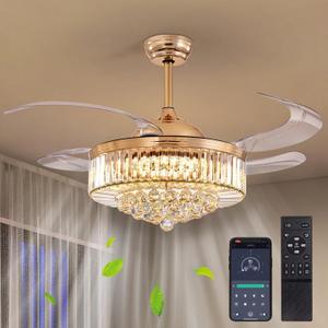 48" Modern Gold Crystal Ceiling Fan with Light and Remote Crystal Fandelier LED Dimmable Chandelier Fan with Invisible Reversible Fan Blades for Kitchen, Dining Room, Living Room,Bedroom