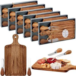 Ziliny 6 Set Bridal Baby Shower Cheese Prizes Wooden Square Board Gift Set Knives Forks Thank You Tags with Box for Guests for Valentines Bridal Baby Shower Housewarming Gifts (Acacia Color)