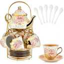 20 Pcs Porcelain Tea Set with Metal Holder, European Ceramic Tea Set for Adults, Antique Enamel Tea Cup Saucer Set for Party, Coffee Tea Gift Sets with Pink Flower Painting (Pink Enamel)