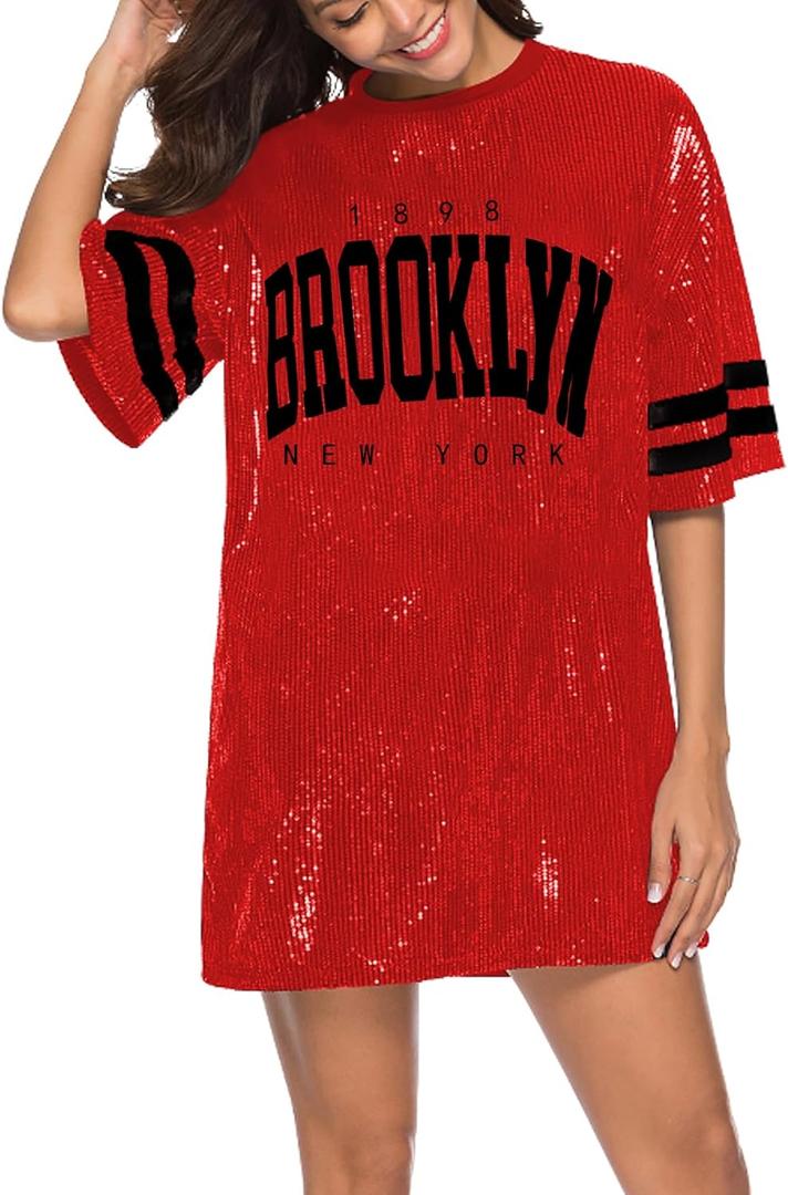 PORRCEY Juniors Short Sleeve Sequin Funny Dress Shirts (Small, Red)