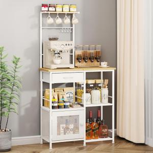 SWTYMIKI Coffee Bar with Hanging Rack - Farmhouse Coffee Stand Station Multi-Purpose Buffet Sideboard Cabinet with Drawers - Kitchen Bar Table for Living Room, Corner, Small Space, Natural, 70x30x139.5cm
