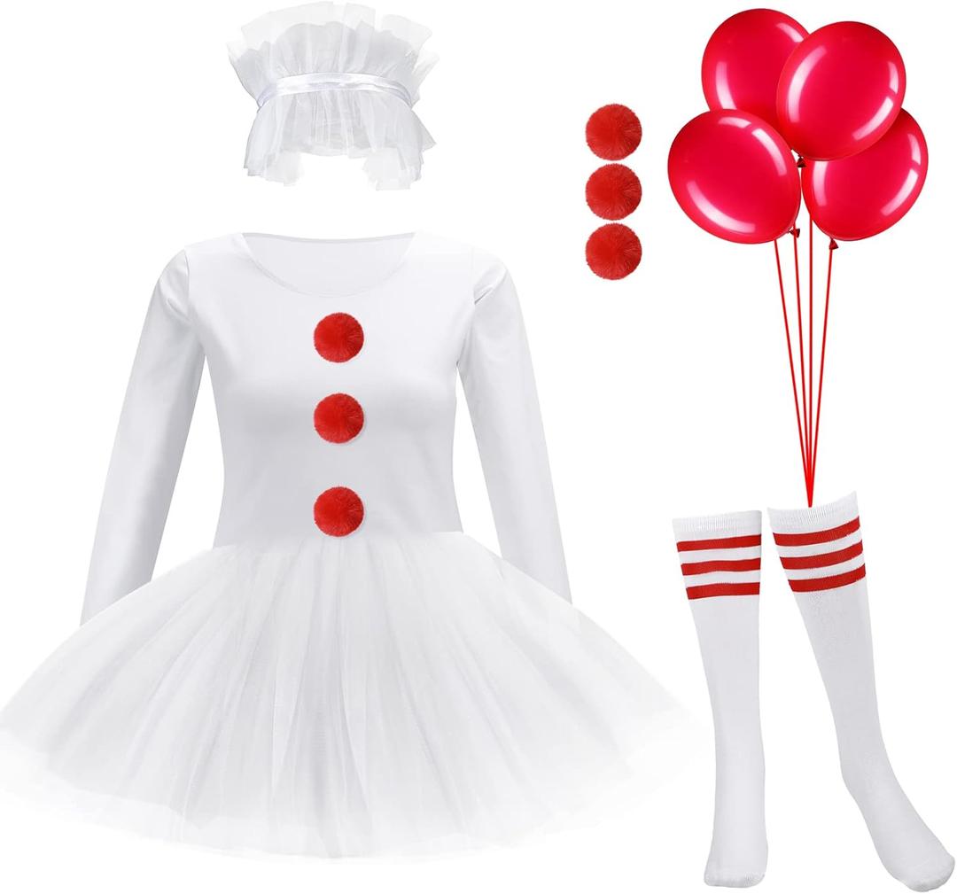 Halloween Clown Costume for Women Tutu Skirt Ruffle Collar Stripes Thin Tube Socks Faux Rabbit Fur Balls Red Latex Balloons (Medium, White)