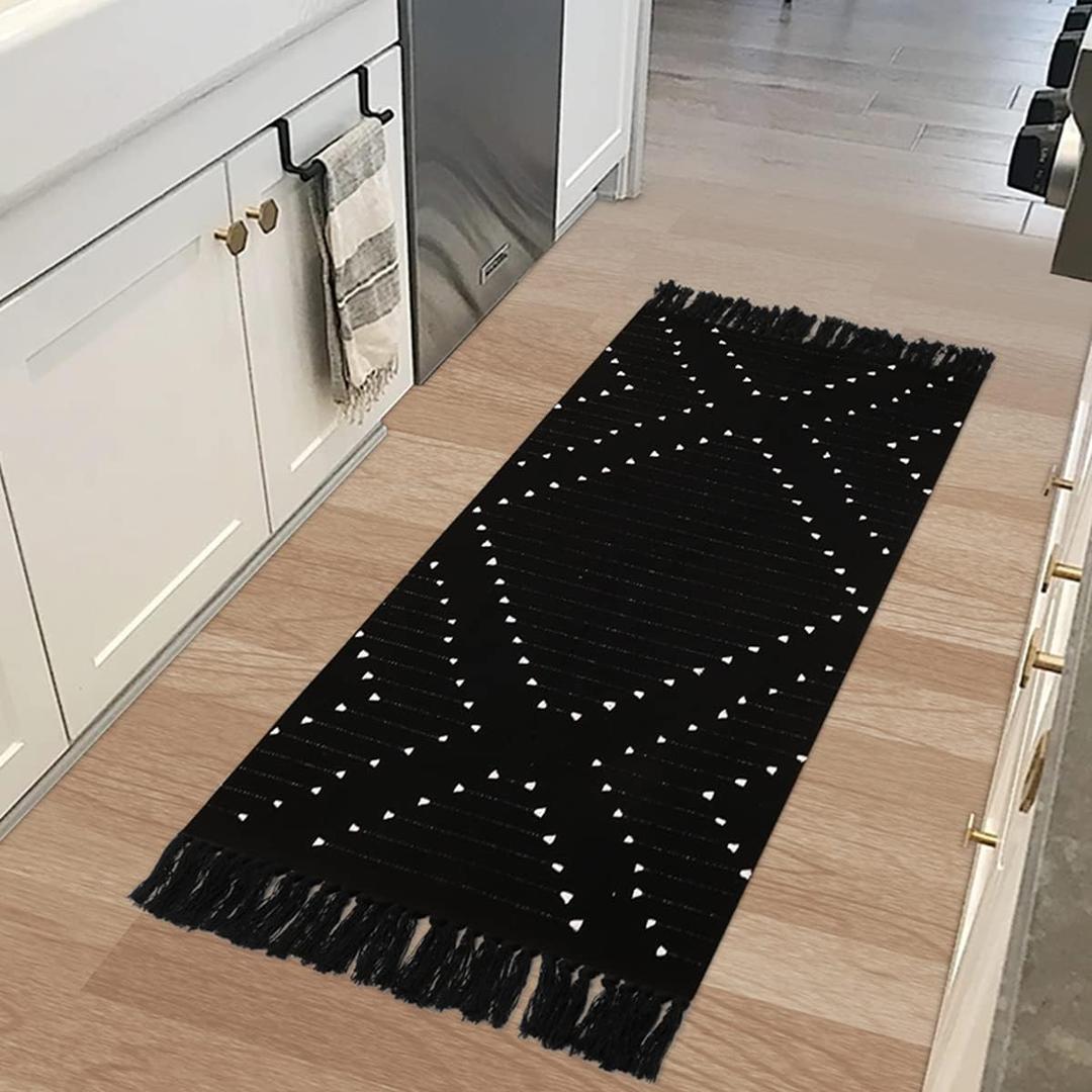LIVEBOX Boho Kitchen Rug 2' x 4.3' Washable Bathroom Runner with Tassel, Moroccan Black Area Rugs Small Woven Cotton Throw Rug for Entryway Laundry Room Hallway