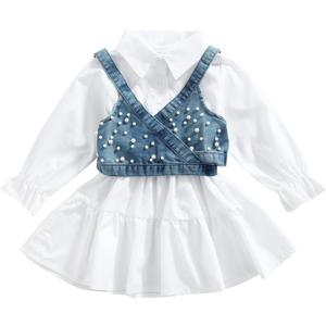 2PCS Baby Girl Strap Pearl Denim Crop Tops Beading Back Bandage Vest + Lapel Button Shirt Dress Set (1-2T, White Blue)