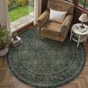 Lahome Floral Dark Green Round Rug, Round Washable Rug for Bedroom Living Room, Vintage Boho Non Slip Non Shedding Stain Resistant Circle Carpet for Dorm Office Entry, 6ft