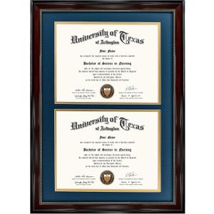 GraduationMall 14x20 Double Diploma Frame, Display 8.5x11 Certificate with Navy over Gold Mat,Tempered Glass,Mahogany with Gold Beads