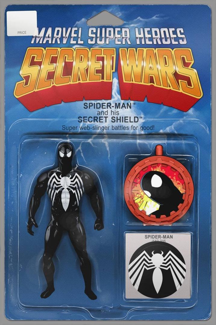 Secret Wars #1 Comic Book Variant with Black Costume Spider-Man Action Figure Art on Cover by John Tyler Christopher (Not an Actual Toy)