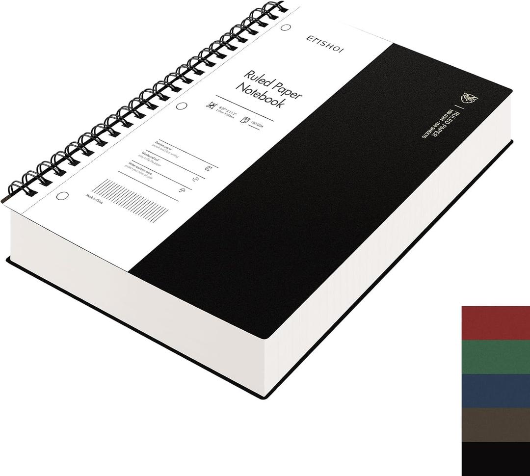 EMSHOI A4 Spiral Notebook College Ruled Journal - 300 Pages 100GSM Thick Paper, 180 Lays Flat | Notebooks for School, Work, Writing & Bible Study,11.2" X 8.27",-Black