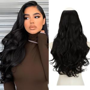 SARLA Clip in U Part Hair Extensions Synthetic Long Wavy Curly Thick Full Head Hairpiece for Women Off Black 24 Inch