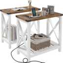 Hadulcet Farmhouse End Tables Living Room Set of 2, Narrow Side Table with Charging Station, Slim Nightstand for Small Space, Skinny Bedside Table, Sofa Side Table with Storage Shelf, White & Brown, 23.62 Inches X 11.8 Inches X 23.62 Inches