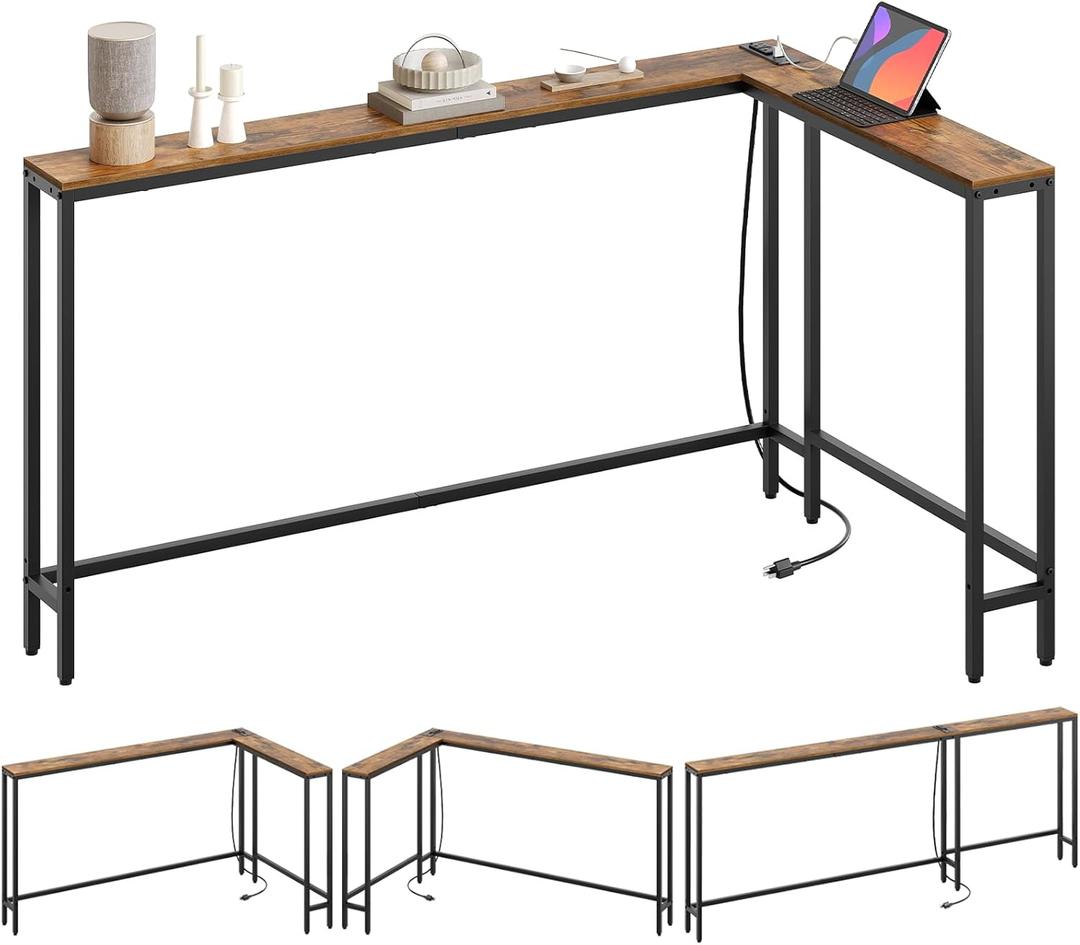 YATINEY Narrow Console Table with Outlets, 78.7" Sofa Table Narrow Long, L Shaped Behind Couch Entryway Table with Charging Station, for Living Room, Hallway, 3 Assembly Options, Rustic Brown CT17UBR