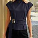 PRETTYGARDEN Women Blouses Spring Dressy Cap Sleeve Mock Neck Work Shirts Buckle Tunic Summer Business Casual Tops 2026, S