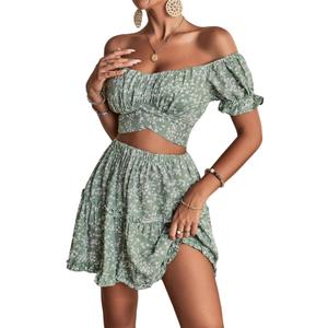 LYANER Women's 2 Piece Outfits Floral Off Shoulder Tie Up Crop Top and Mini Skirt Set (Medium, Green)