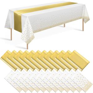 24 Pack White and Gold Tablecloth and Table Runner Set Party Decorations, White and Yellow Gold Plastic Disposable Tablecloth and Satin Table Runner for Wedding Birthday Graduation Anniversary Party