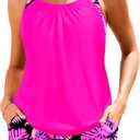 Women Tankini Swimsuits with Shorts - Two Piece Tummy Control Blouson Tankini with Two Pockets Bottom Bathing Suit (Medium, Pink Floral)