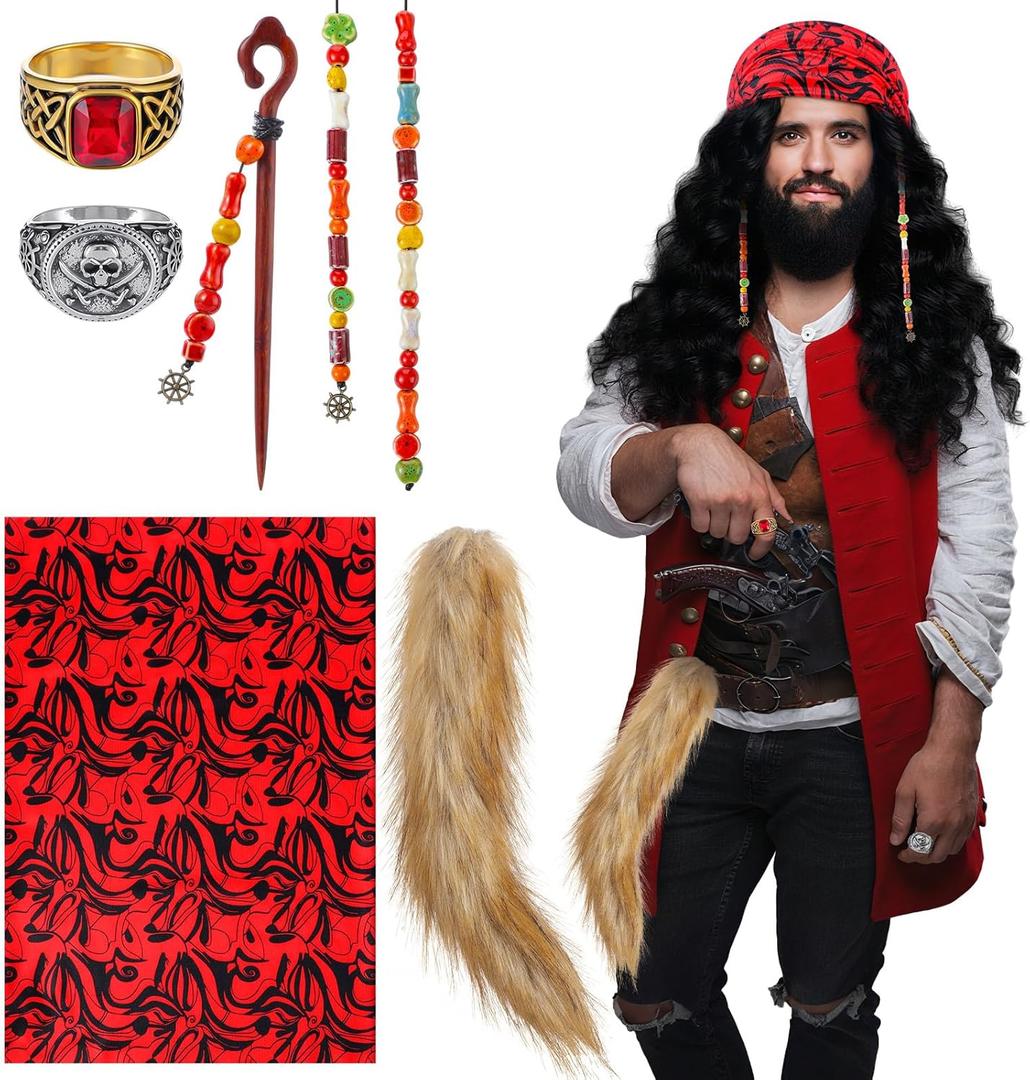 Tondiamo 6 Pcs Halloween Pirate Costume Accessories Pirate Hair Beads Rings Red Scarf Fox Tail for Halloween Dress up Supply
